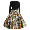 Women Vintage Dress Round Collar Long Sleeve Printed Pattern Big Hem