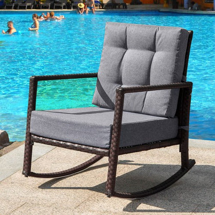 Cushioned Rattan Rocker Chair Rocking Armchair Chair Outdoor Patio Glider Lounge Wicker Chair Furniture with Cushion