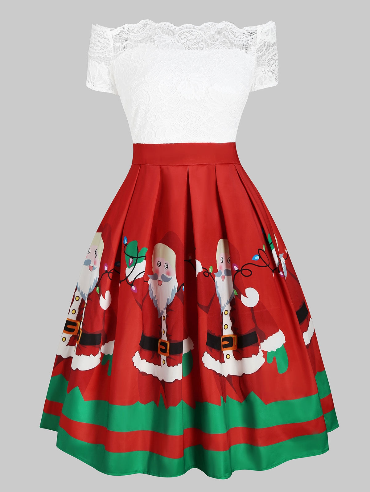 Christmas Santa Claus Floral Lace Off Shoulder Dress
