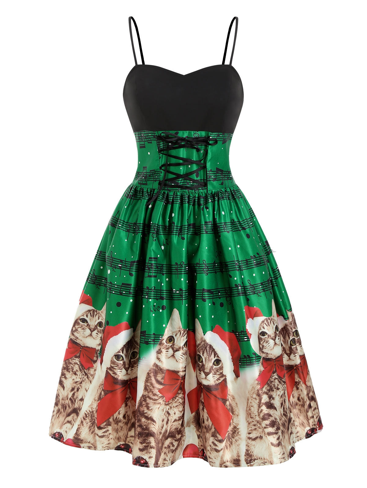 Christmas Cat Musical Note Lace Up Party Dress
