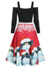 Christmas Cat Print A Line Cold Shoulder Dress