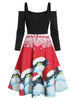 Christmas Cat Print A Line Cold Shoulder Dress