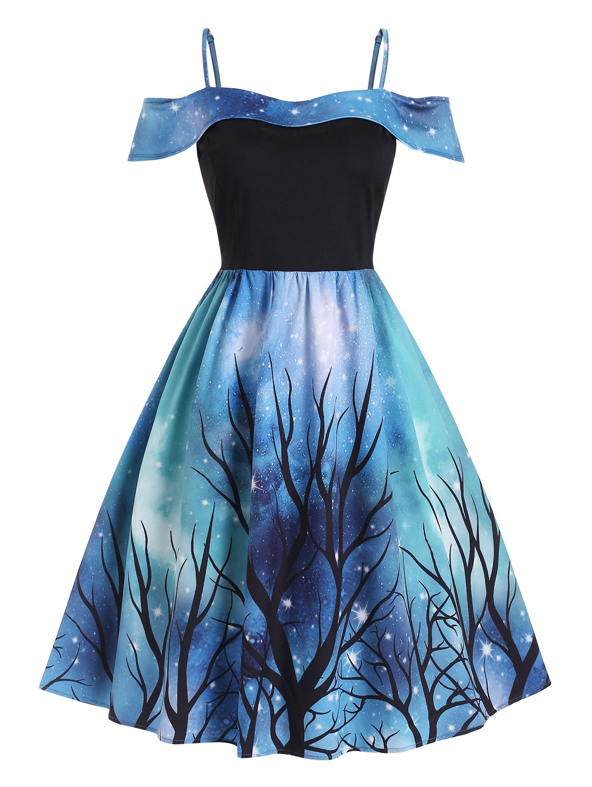 Plus Size 3D Galaxy Tree Print Hanky Hem Dress