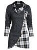 Plaid Print Mock Button Long Sleeve Overlap T-shirt