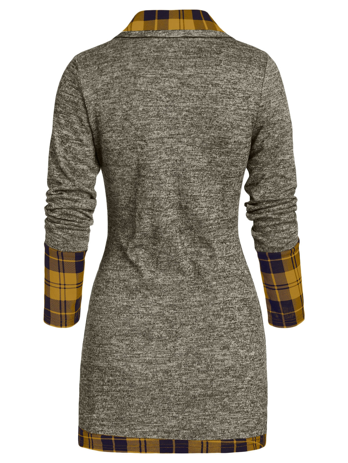 Plaid Print Mock Button Long Sleeve Overlap T-shirt