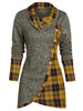 Plaid Print Mock Button Long Sleeve Overlap T-shirt