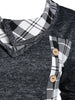 Plaid Print Mock Button Long Sleeve Overlap T-shirt