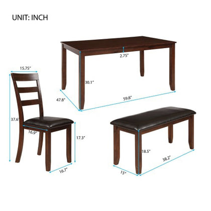 6pc Dining Set with 4 Ladder Chairs and Bench, Espresso