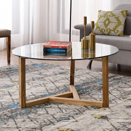 Round Glass Coffee Table Modern Cocktail Table Easy Assembly Sofa Table for Living Room with Tempered Glass Top & Sturdy Wood Base