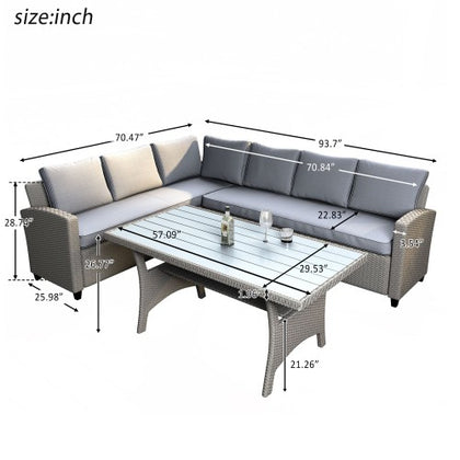 Outdoor Furniture Sectional PE Rattan Wicker Patio Set with Faux Wood Grain Top Table and Cushions