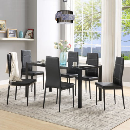 7 Piece Kitchen Dining Set, Glass Table Top with 6 Leather Chairs