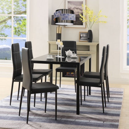 7 Piece Kitchen Dining Set, Glass Table Top with 6 Leather Chairs