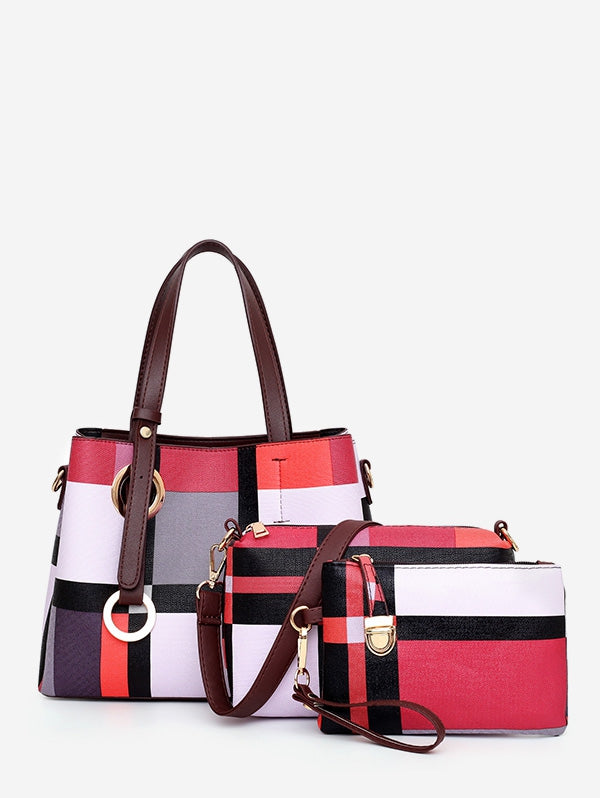 3Pcs Grid Striped Handbag Shoulder Bag Set