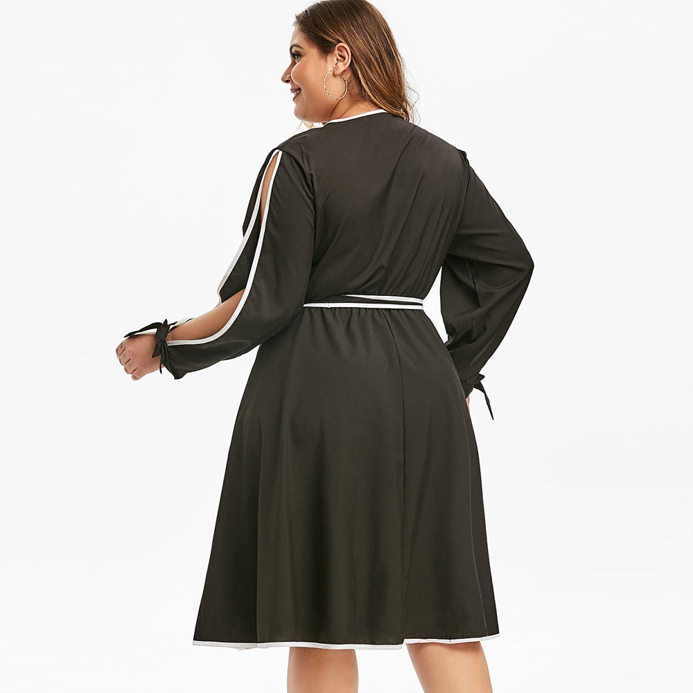 Plus Size Split Sleeve Contrast Trim Surplice Dress