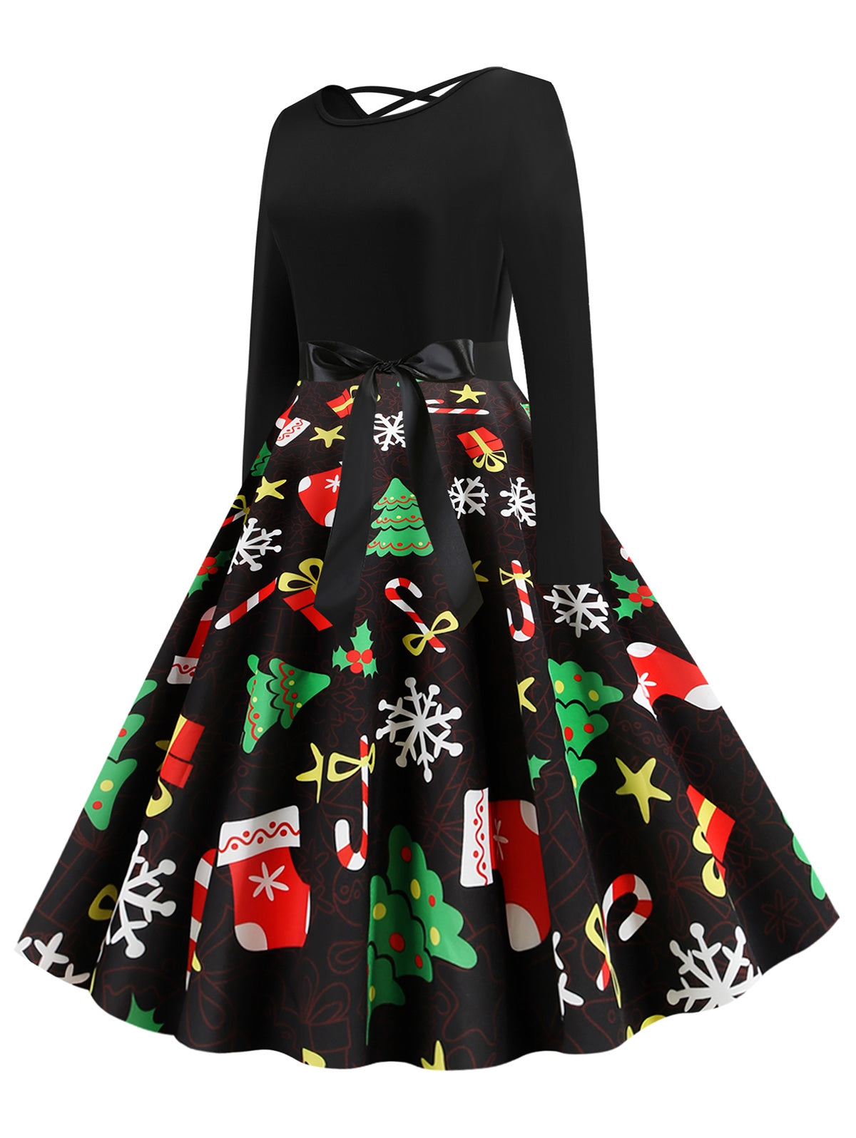 Christmas Berry Santa Claus Gift Stocking Print Long Sleeve Dress