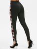 High Rise Button Plaid Trim Leggings