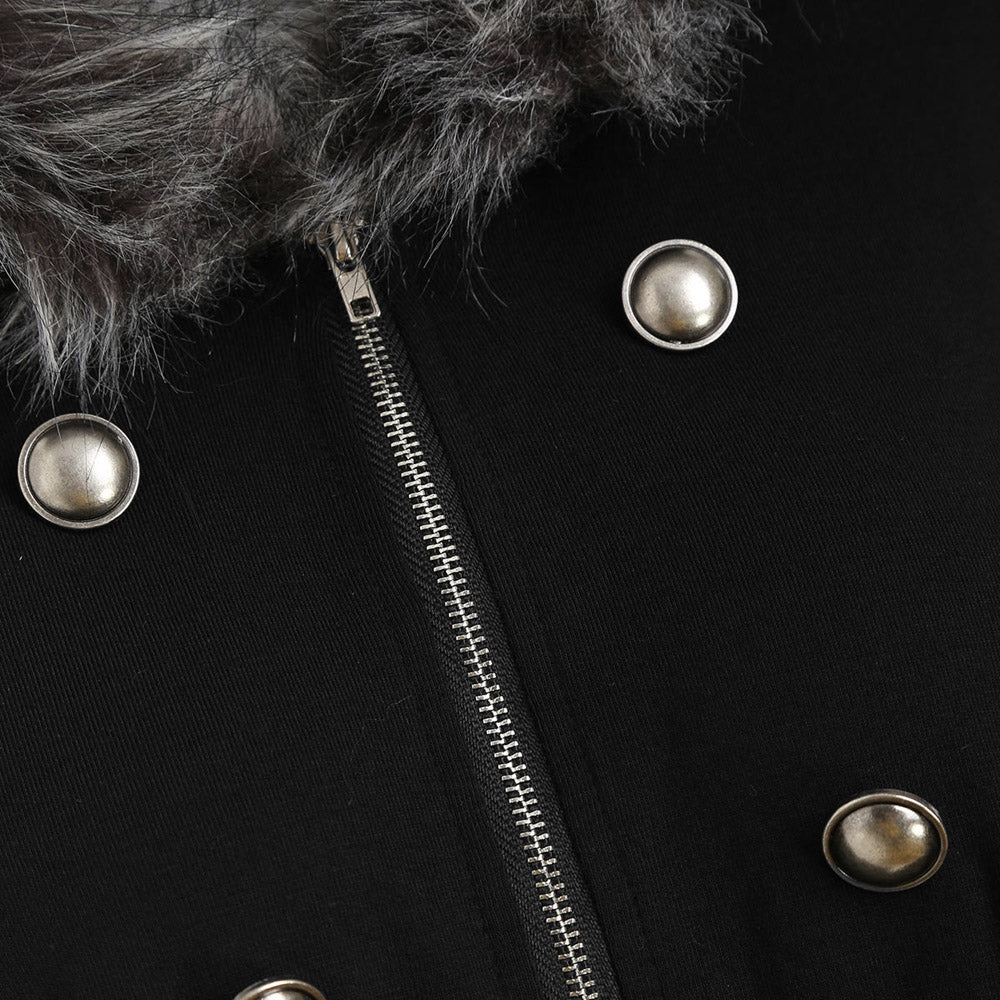 Buttons Asymmetric Fur Trim Hooded Cardigan