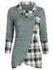 Plaid Print Mock Button Long Sleeve Overlap T-shirt