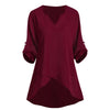 High Low Buttoned Sleeve Tabs V Neck Plus Size Blouse