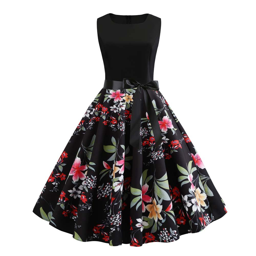 Round Collar Sleeves Flower Print Patchwork Bow Belted A Line Dress