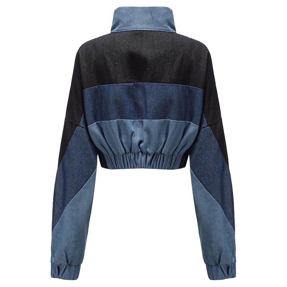Women Denim Coat Jacket Long Sleeve Zipper Closure Color Splice Design