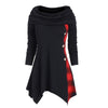 Plaid Convertible Neck Button Embellished Asymmetrical T-shirt