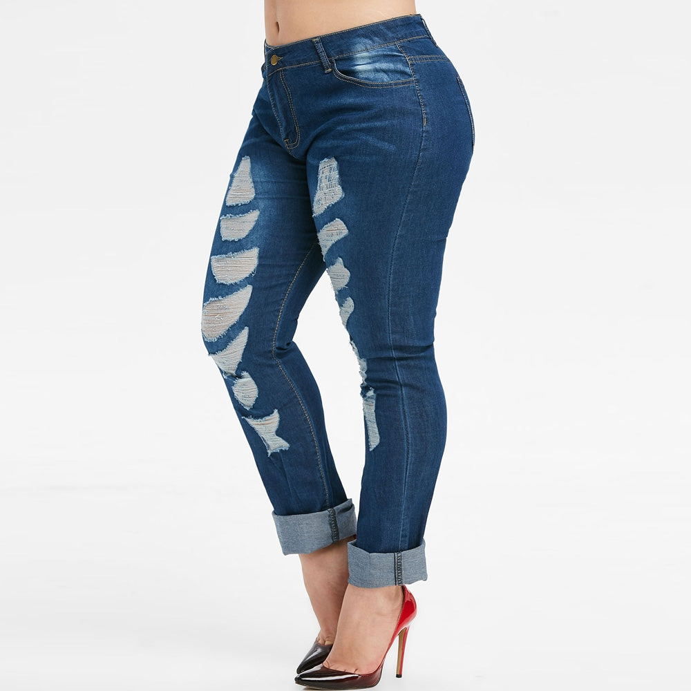 Mid Rise Destroyed Skinny Plus Size Jeans