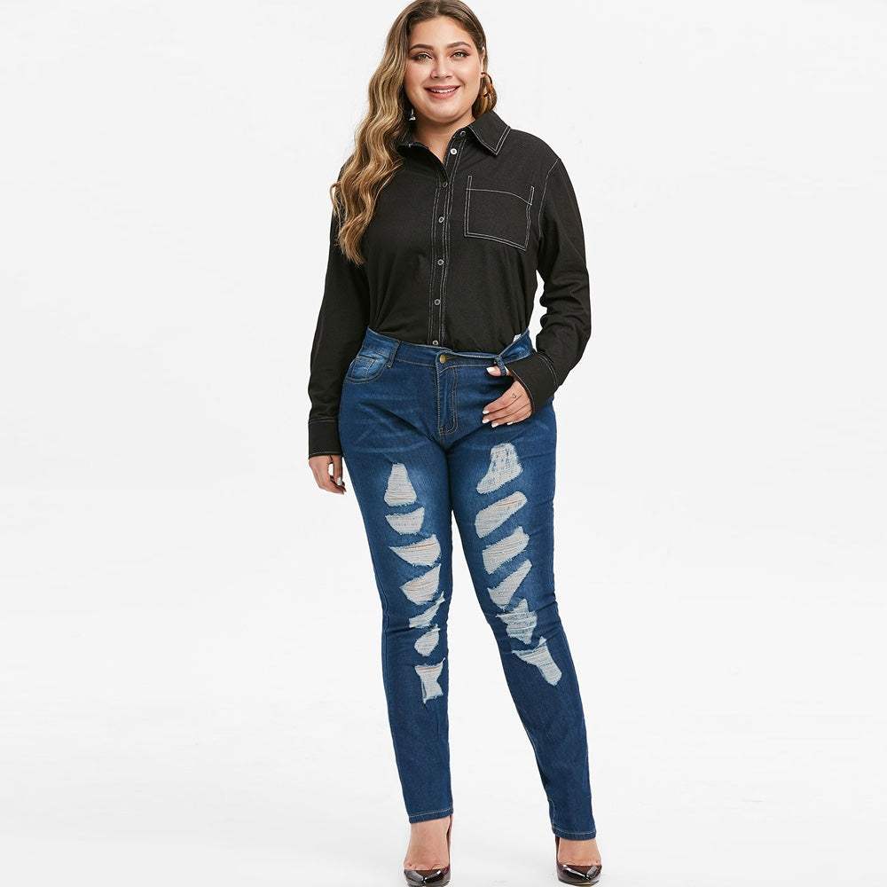 Mid Rise Destroyed Skinny Plus Size Jeans
