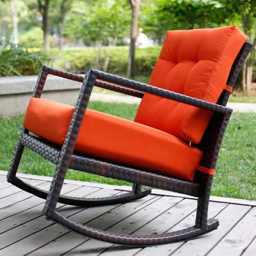 Cushioned Rattan Rocker Chair Rocking Armchair Chair Outdoor Patio Glider Lounge Wicker Chair Furniture with Cushion