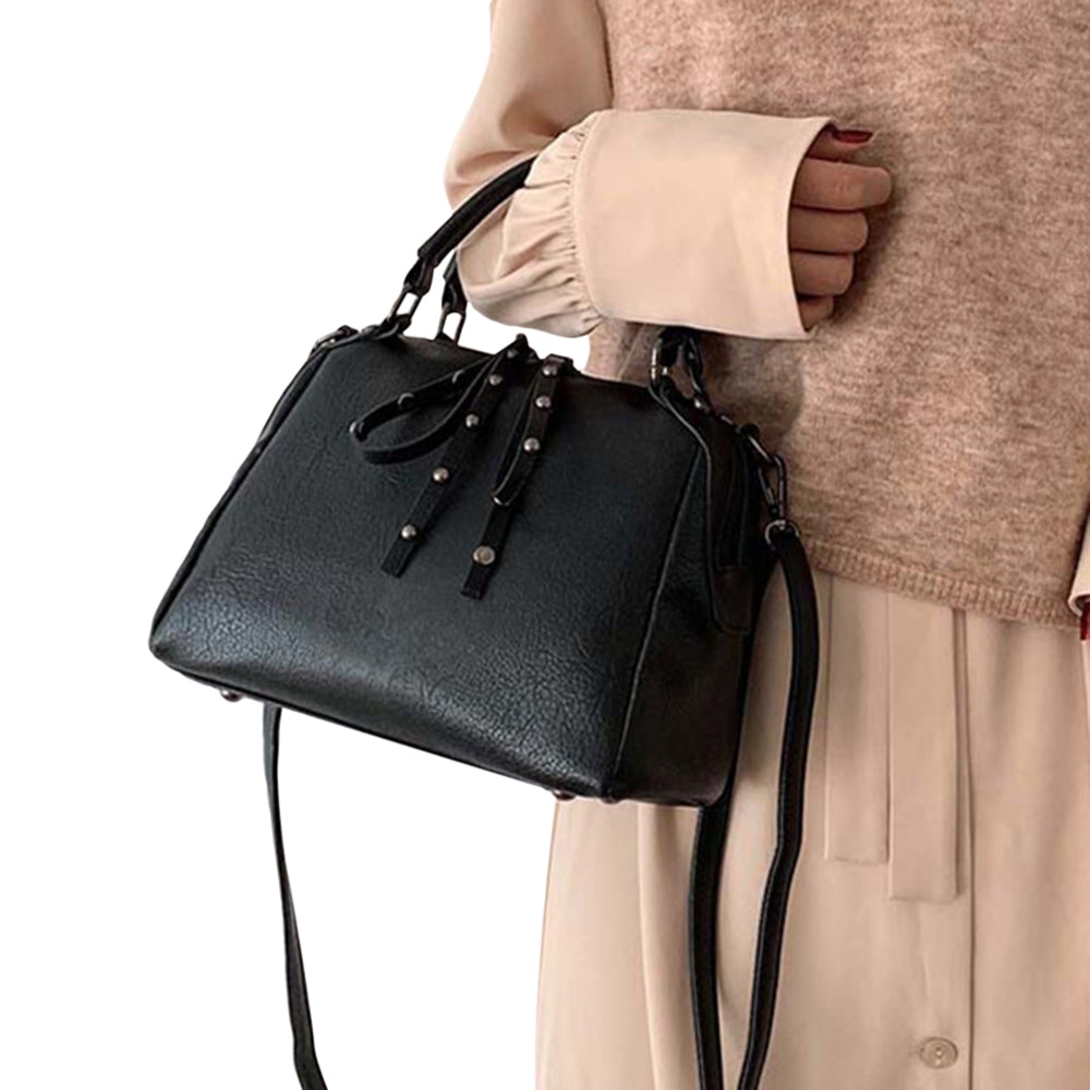 Casual Solid Rivet PU Shoulder Handbag
