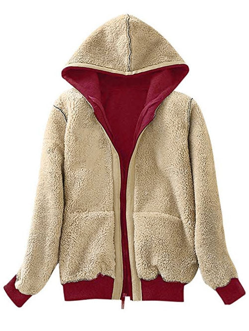 Hooded Faux Shearling Lining Front Pocket Jacket