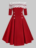Lace Insert Off Shoulder Button Embellished Dress