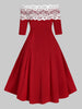 Lace Insert Off Shoulder Button Embellished Dress