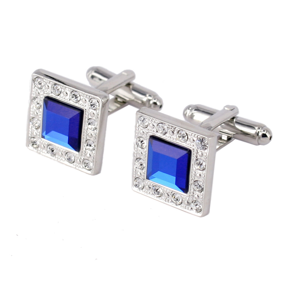 Silver Metal Square Blue Crystal Cufflinks for Men