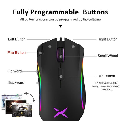 Delux M625 PMW3360 Sensor Gaming Mouse 12000DPI 12000FPS 7 Buttons RGB Back light Optical Wired Mice with Fire Key For FPS Gamer
