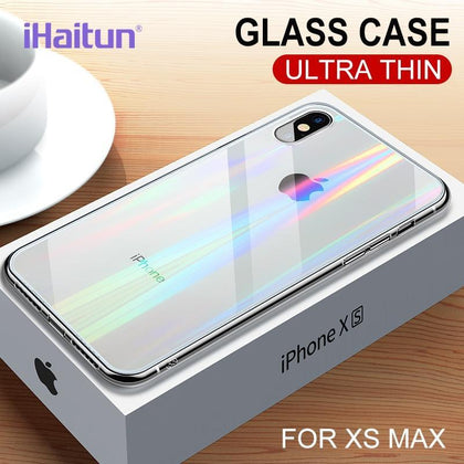 iHaitun Laser Glass Case For iPhone XS MAX XR X Cases Ultra Thin Transparent Back Glass Cover For iPhone X 10 XS MAX Soft Side