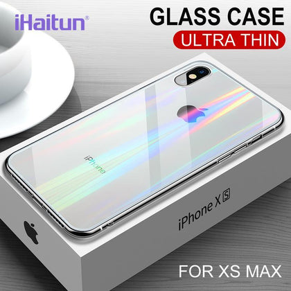 iHaitun Luxury Laser Glass Case For iPhone XS MAX XR X Cases Ultra Thin Transparent Back Glass Cover For iPhone XS MAX Soft Edge
