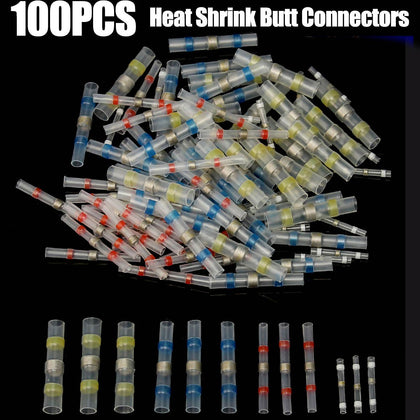 Top Selling 100Pcs Tinned Brass 100 x Solder Seal Heat Shrink Butt Wire Connector Terminal Waterproof 4 Sizes