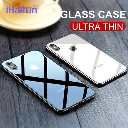 iHaitun Glossy Glass Case For iPhone X XS MAX XR Cases Ultra Thin Transparent Back Cover Case For iPhone 7 8 Plus Slim Soft Edge