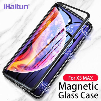 iHaitun Luxury Magnetic Glass Case For iPhone XS MAX XR X Cases Slim Magnet Flip Back Cover For iPhone X 10 7 8 Plus Phone Cases