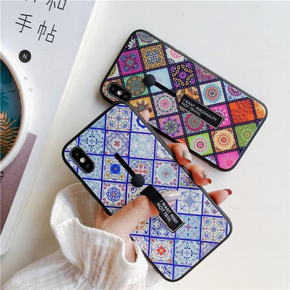 Ethnic Totem Flower holder ring phone case For iPhone Xs max XR X 8 7 6 6s plus geometric splice Tempered glass Back Cover coque