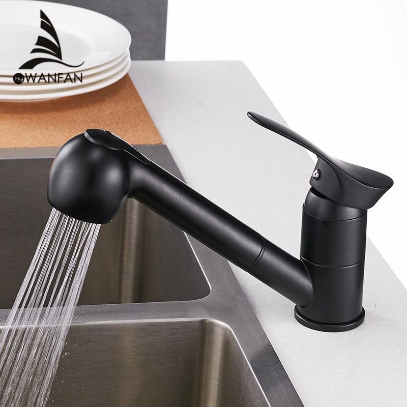 Kitchen Faucets 360 Degree Swivel Pull Out Kitchen Sink Faucet Water-Saving Polished Black Basin Crane Mixer Brass Tap Wf-7005