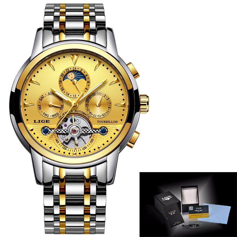 New Lige Mens Watches Top Luxury Brands Gold Mechanical Watch Mens Sports Waterproof Full Steel Business Watch Relogio Masculino
