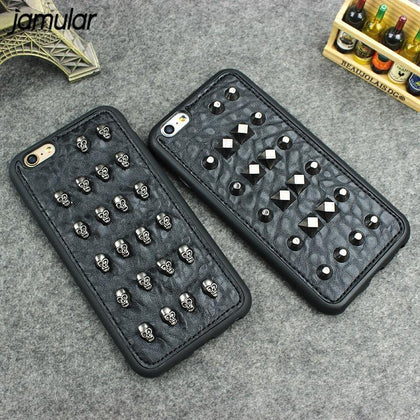 JAMULAR 3D Cool Studs Rivet Punk Skull Design Silicone Case For iPhone X 6 6s 7 8 Plus XR XS MAX Black Leather Phone Cover Skin