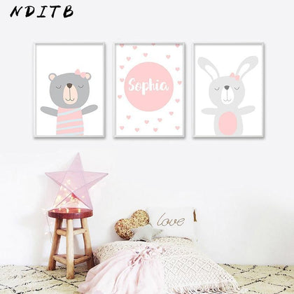 NDITB Cartoon Animal Canvas Painting Nursery Prints Personal Name Custom Poster Wall Picture Nordic Baby Girl Room Decoration