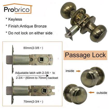 Probrico Keyless Passage Lock Antique Interior Bronze Door Locks Flat Ball Round Door Handles Vintage Passage Door Knob Hardware