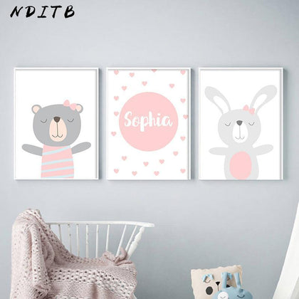 NDITB Cartoon Animal Canvas Painting Nursery Prints Personal Name Custom Poster Wall Picture Nordic Baby Girl Room Decoration