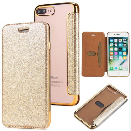 Glitter Powder Electroplate Wallet Case For iPhone XS Max 6 6s 8 7 Plus Soft TPU + PU Flip Leather cover With Stand Gold Case