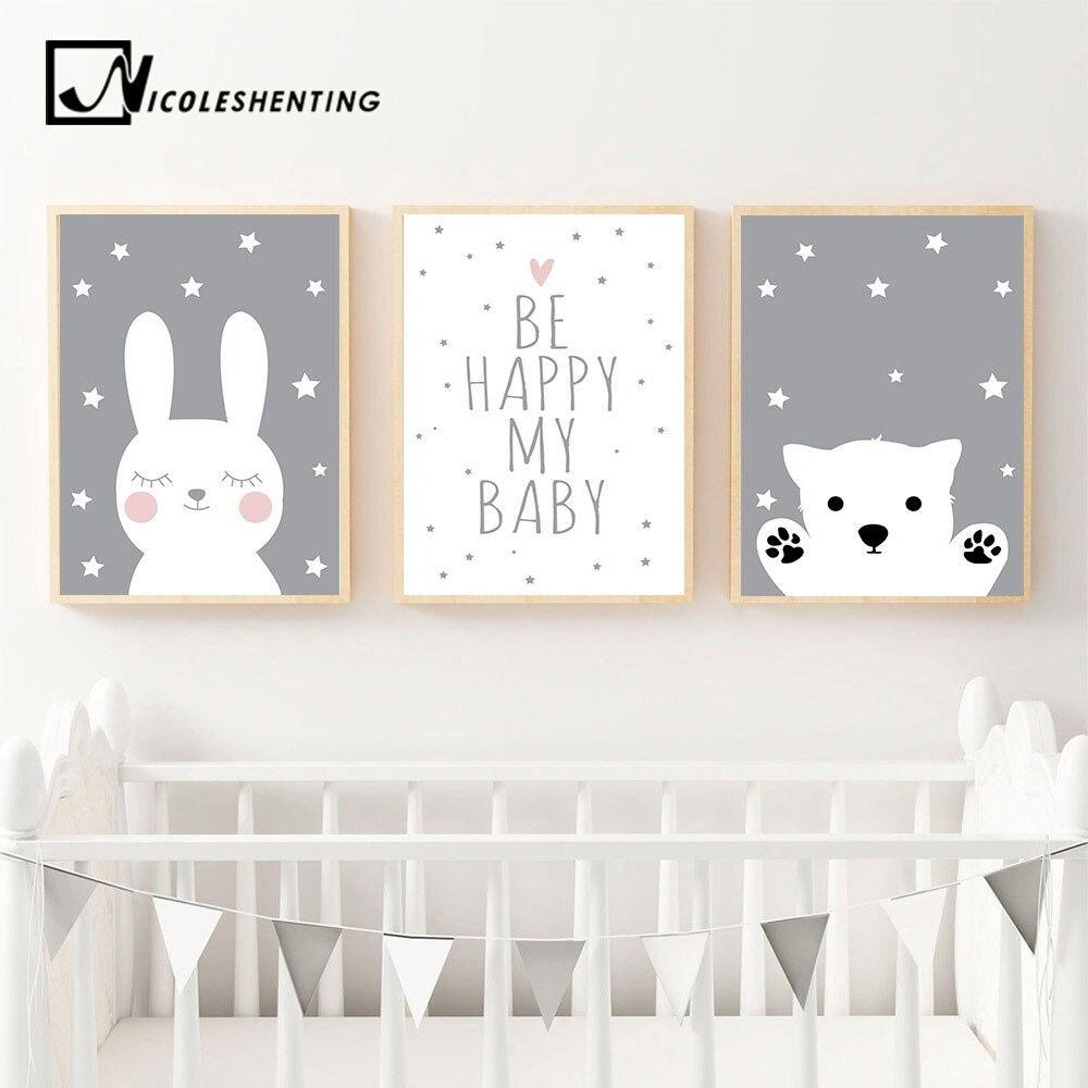 Baby Nursery Wall Art Canvas Poster Print Cartoon Rabbit Bear Painting Nordic Kids Decoration Picture Children Bedroom Decor