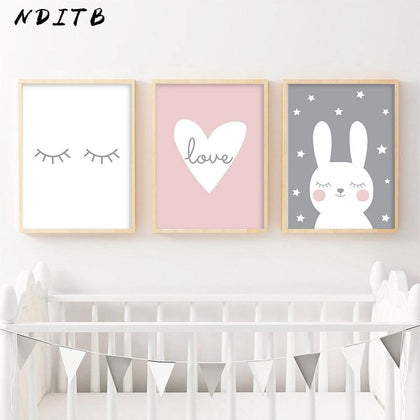 NDITB Rabbit Heart Nursery Wall Art Canvas Painting Cartoon Posters and Prints Decorative Picture Nordic Style Kids Decoration